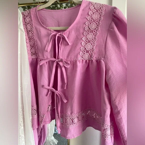 Women’s Lace-Trim Tie-Front Top Bundle - Pink and White - Picture 4 of 4